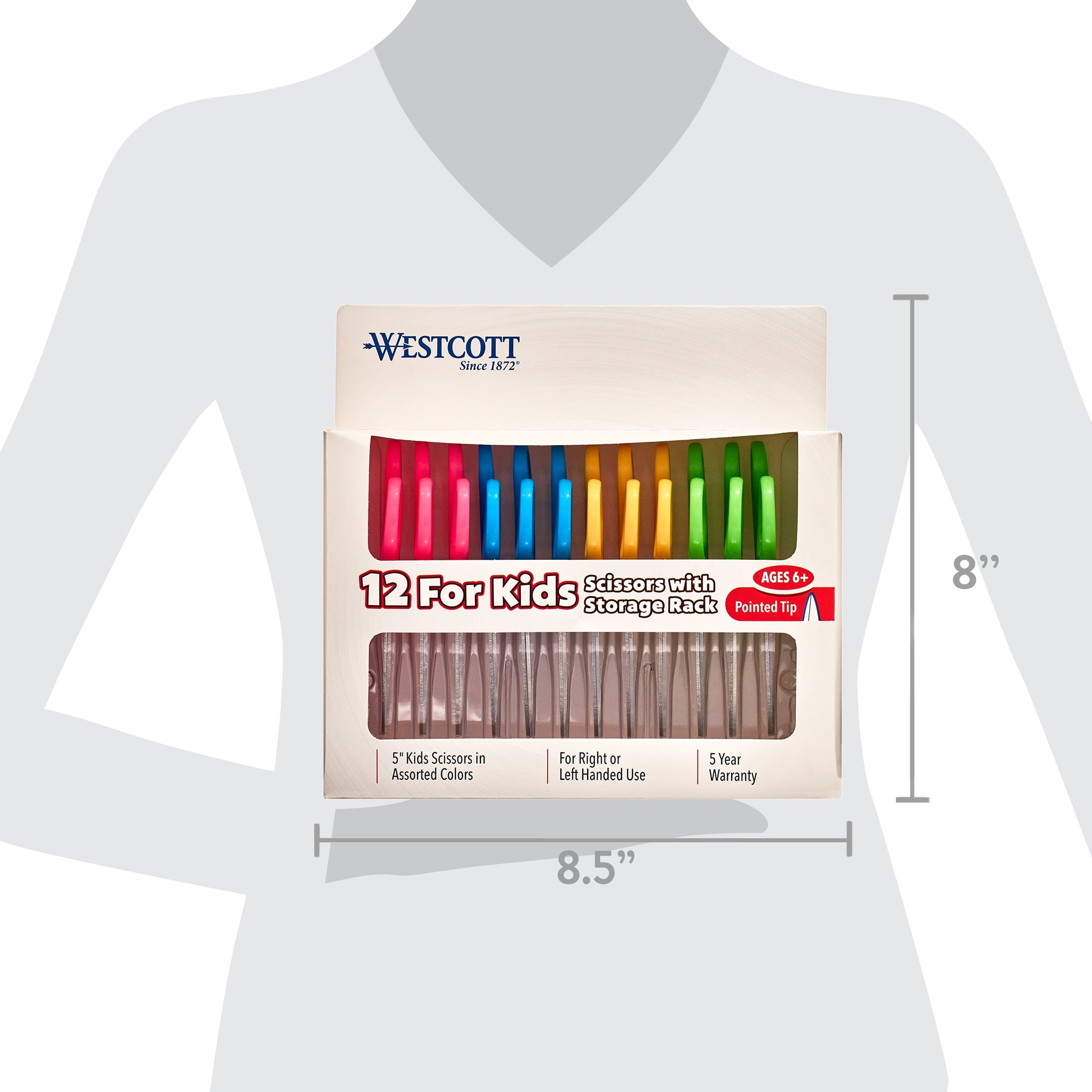 Westcott Kids Scissors, 5" Pointed, Assorted, 12/Pack, Preschool Educational Level.