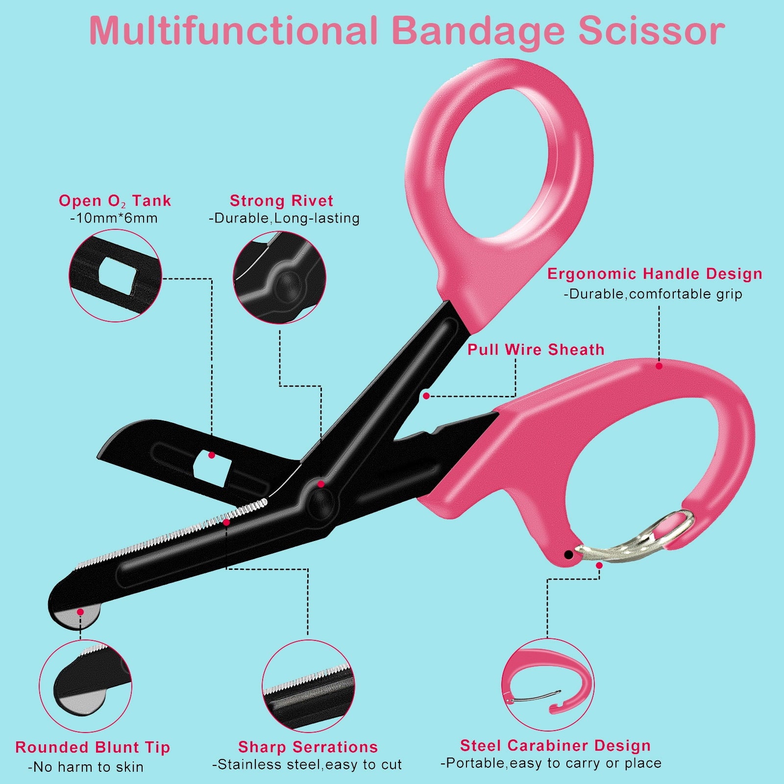 2 PACK Bandage Scissors, Fluoride-Coated Trauma Shears for Nurses,7.5" Non-Stick Stainless Steel Blades Nurses Scissors with Carabiner for Nurses, Doctors, and Nursing Students (Pink)