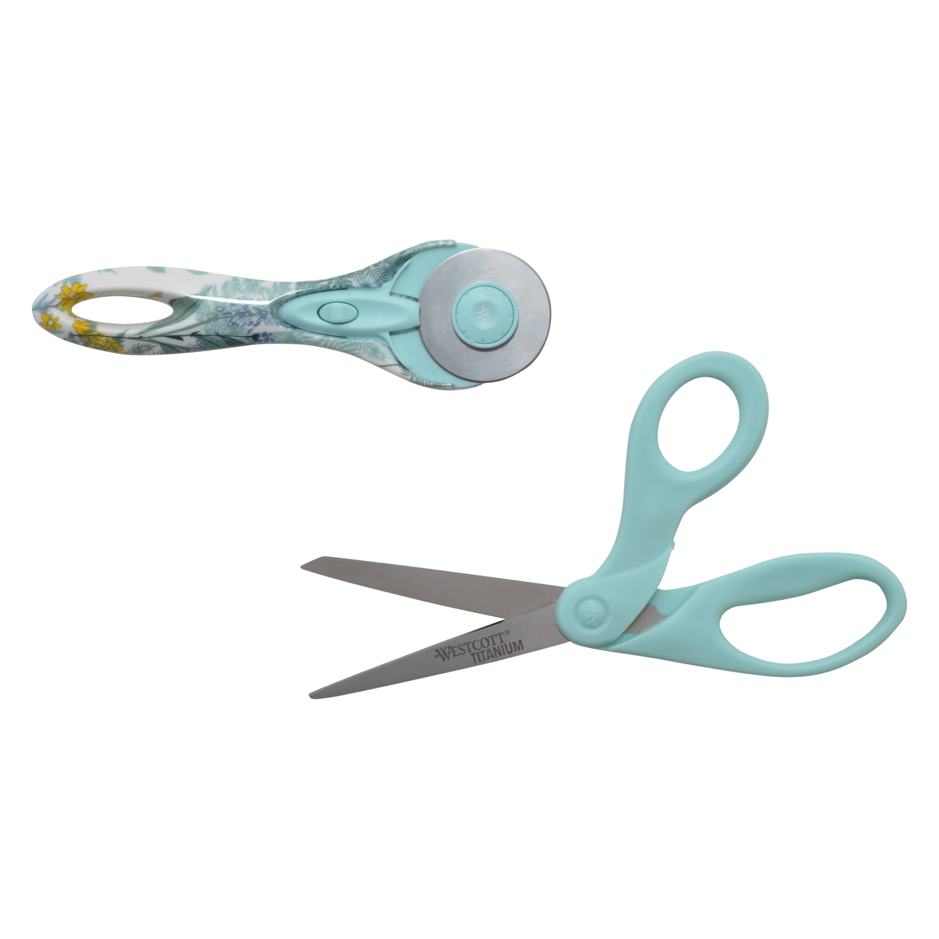Westcott 8" Sewing Scissor and Rotary Cutter Set, Titanium, Blue, Floral, 2-Pack