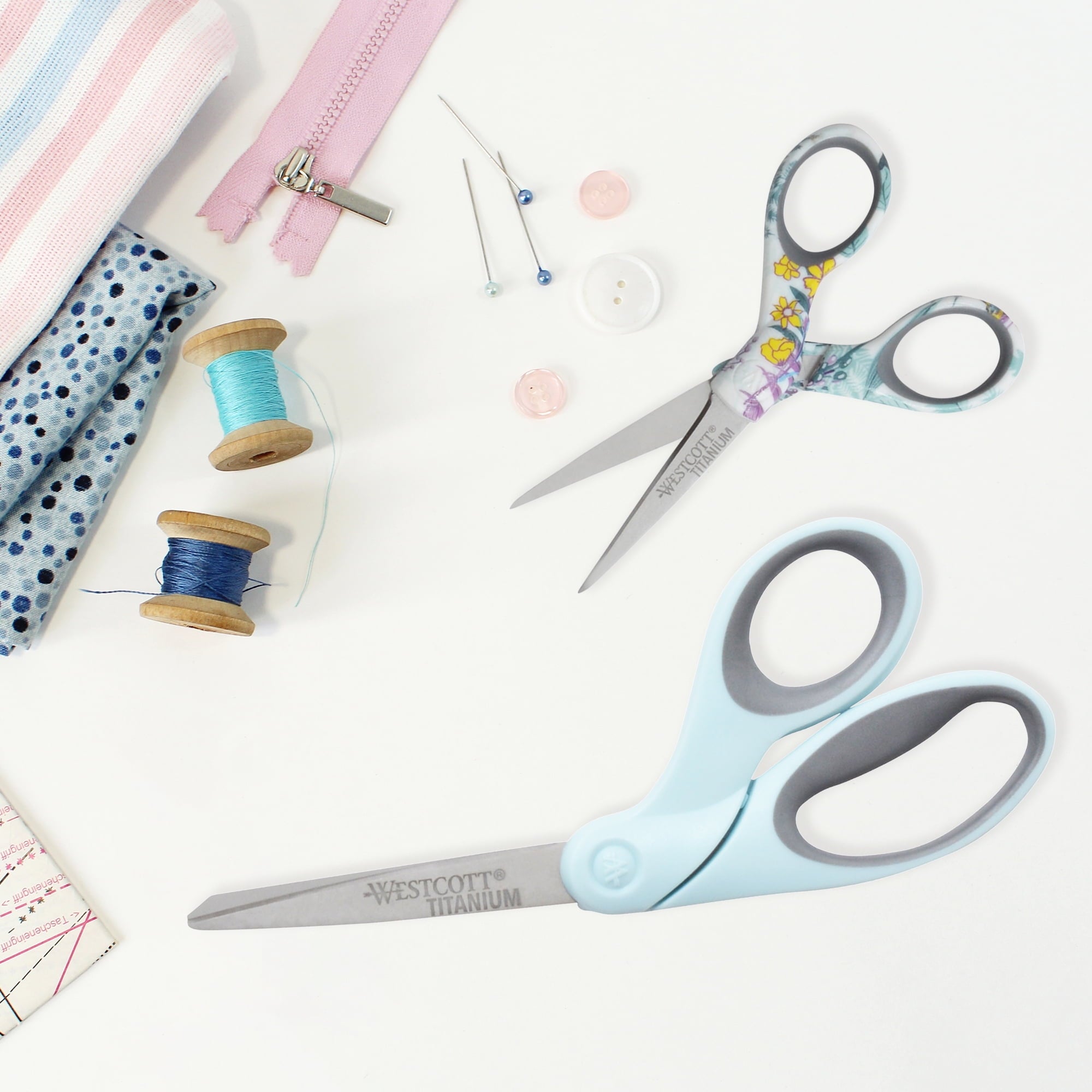 Westcott Sewing Scissor Set, Titanium, 8”, 5”, for Craft, Multicolor, Blue/Floral, 2-Pack