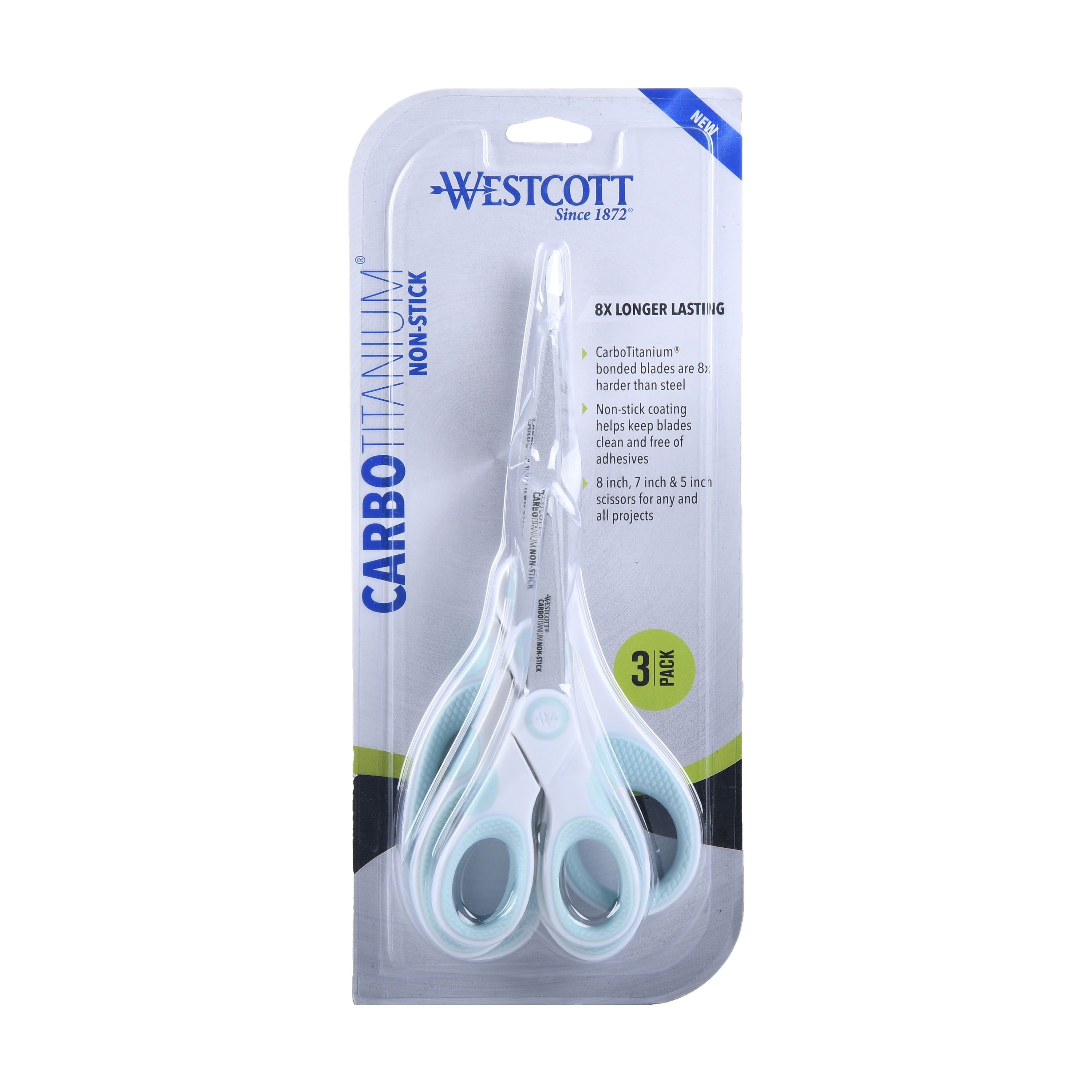 Westcott Crafting Scissors, Carbo Titanium Non-Stick, 8", 7", 5", High School, White/Blue, 3-Pack