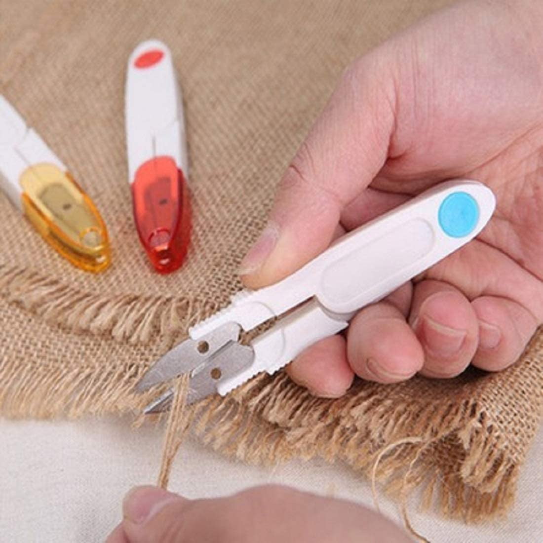 4PCS Portable 4 Inch Small U Shaped Scissors with Safety Cover Yarn Cross-Stitch Thread Sewing Cutter Snips Trimming Nippers - Great for Stitch,Crafts, DIY Supplies (Multicolor:Red,Blue,Orange,White)