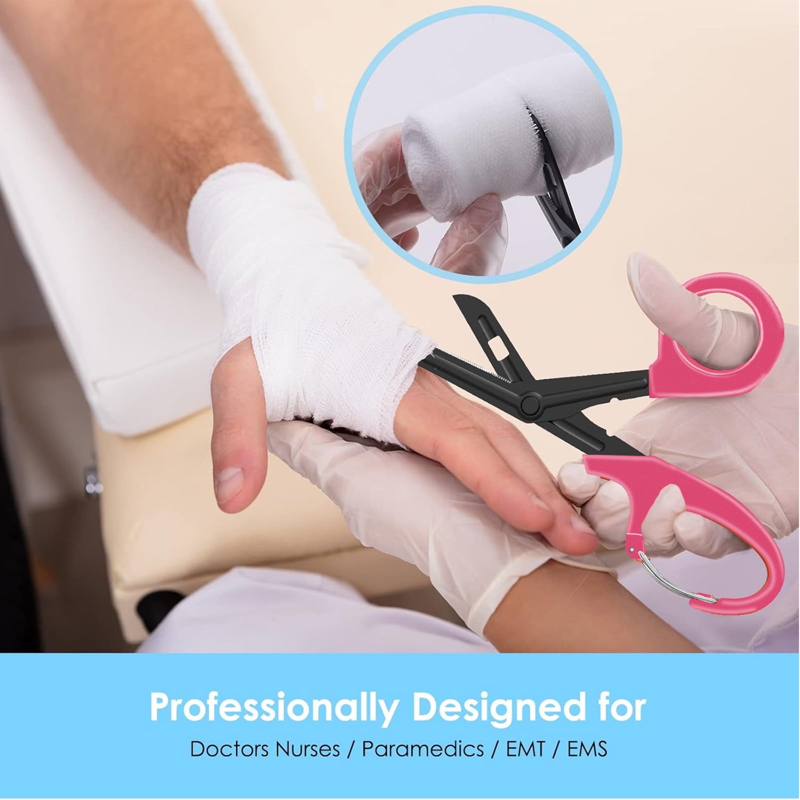 2 PACK Bandage Scissors, Fluoride-Coated Trauma Shears for Nurses,7.5" Non-Stick Stainless Steel Blades Nurses Scissors with Carabiner for Nurses, Doctors, and Nursing Students (Pink)