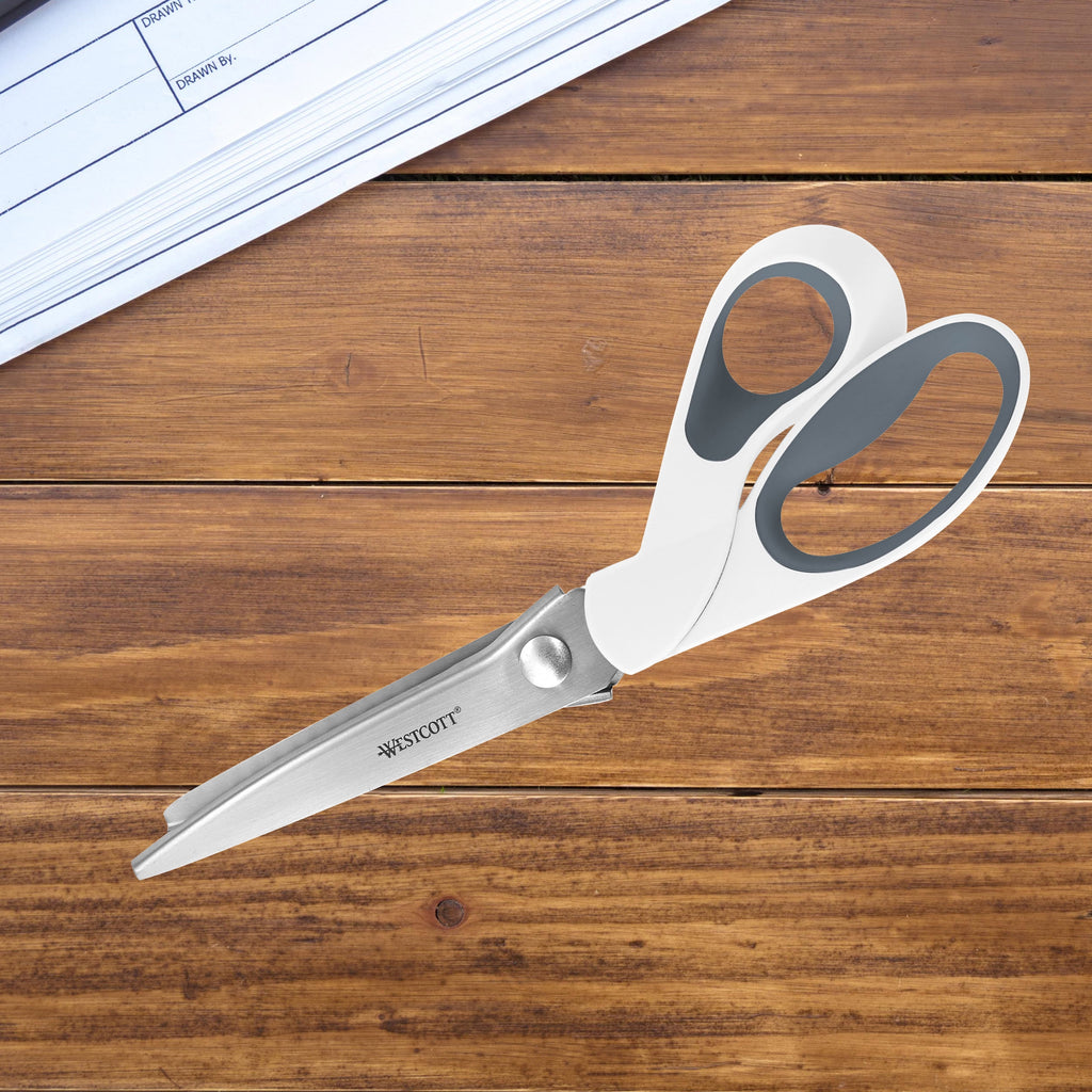 Westcott Crafting Scissors, Pinking, 9.5", Stainless Steel, Adult, High School, Bent, for Sewing, White, 1-Count