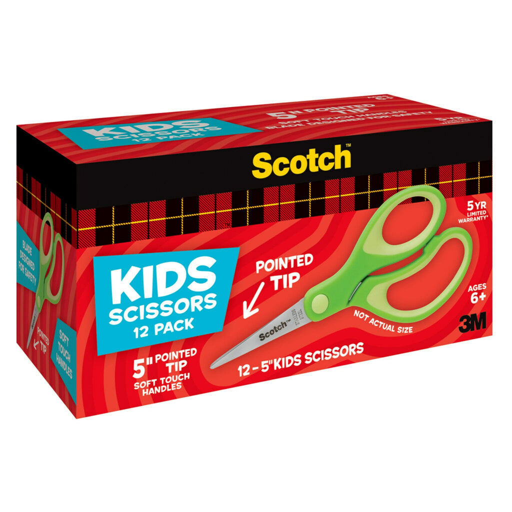 Scotch Soft Touch Kids Scissors, 5", Pointed Tip, Green, 12 Count