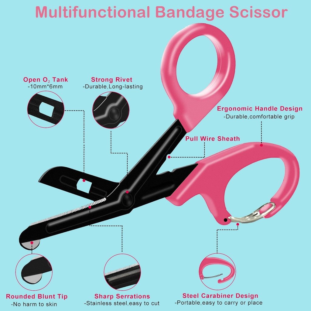 2 PACK Bandage Scissors, Fluoride-Coated Trauma Shears for Nurses,7.5" Non-Stick Stainless Steel Blades Nurses Scissors with Carabiner for Nurses, Doctors, and Nursing Students (Pink)