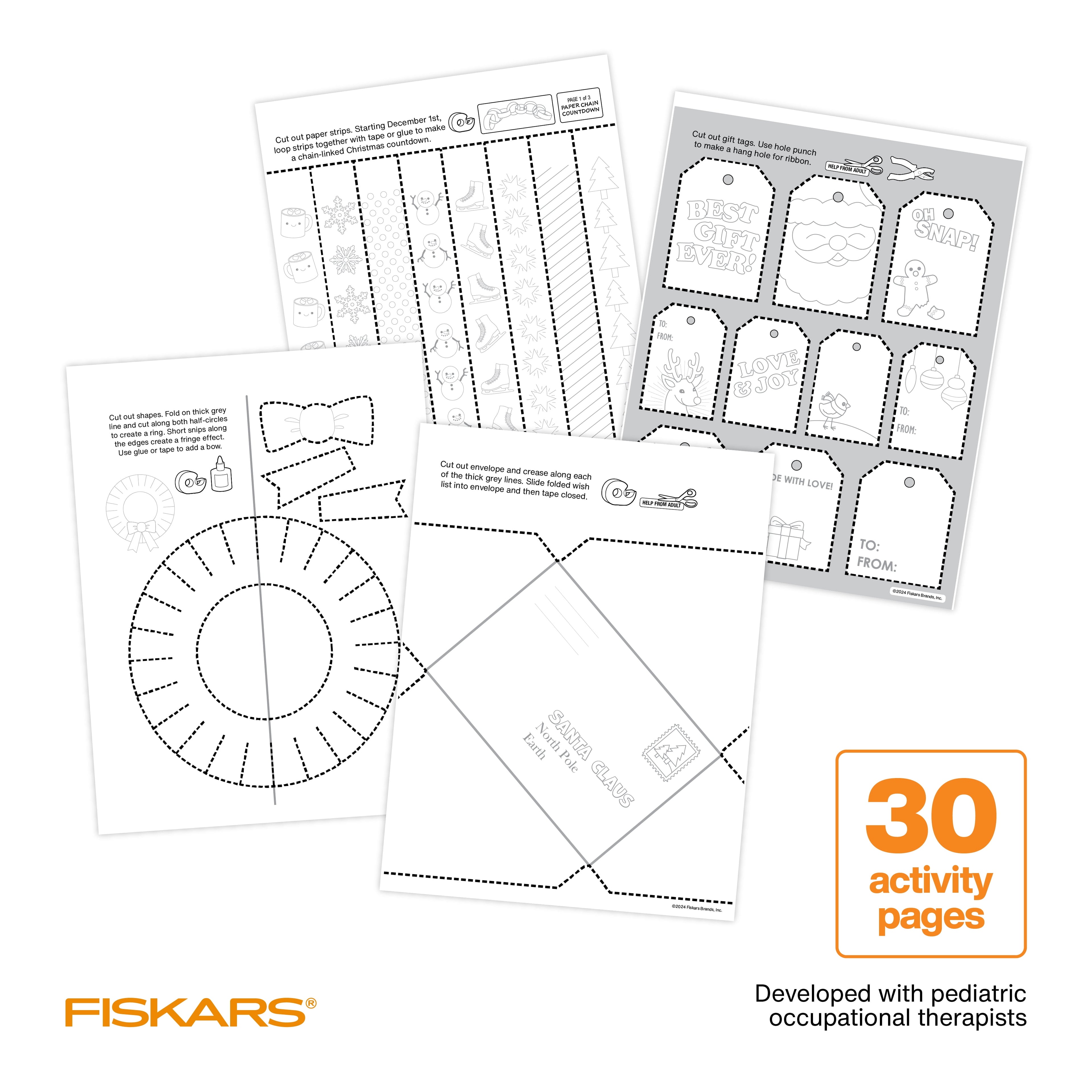 Fiskars Christmas Crafts Paperback Activity Book with 5" Pointed-tip Scissors, Stocking Stuffers for Kids