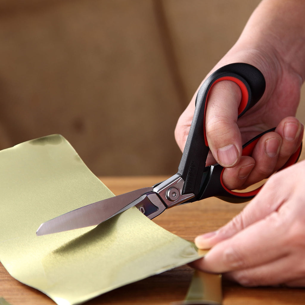 LIVINGO 9” Scissors All Purpose Heavy Duty Sharp Industrial Multipurpose Shears for Cutting Fabric Leather Felt, Titanium Coated Hot Forged Steel, Red Black