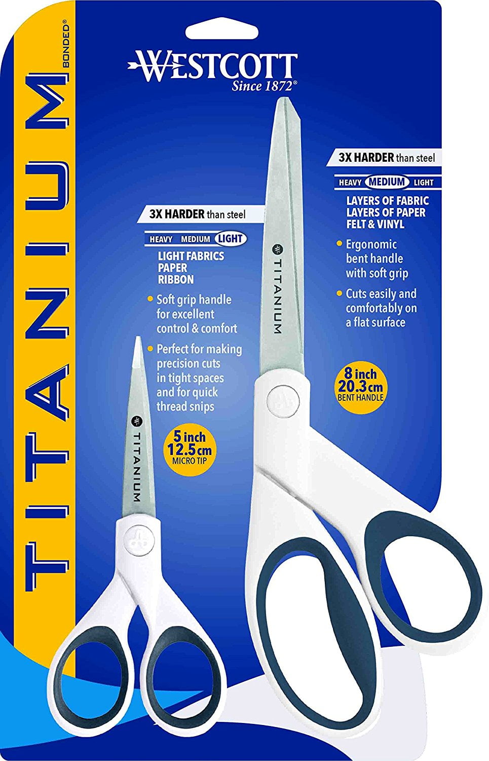 Westcott Titanium Bonded Scissors, 8", Bent and 5", Straight, White, for Craft, 2-Pack