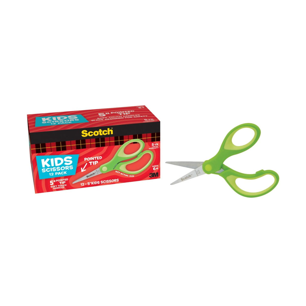 Scotch Soft Touch Kids Scissors, 5", Pointed Tip, Green, 12 Count