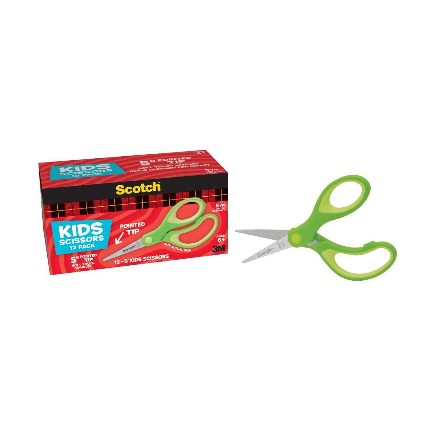 Scotch Soft Touch Kids Scissors, 5", Pointed Tip, Green, 12 Count