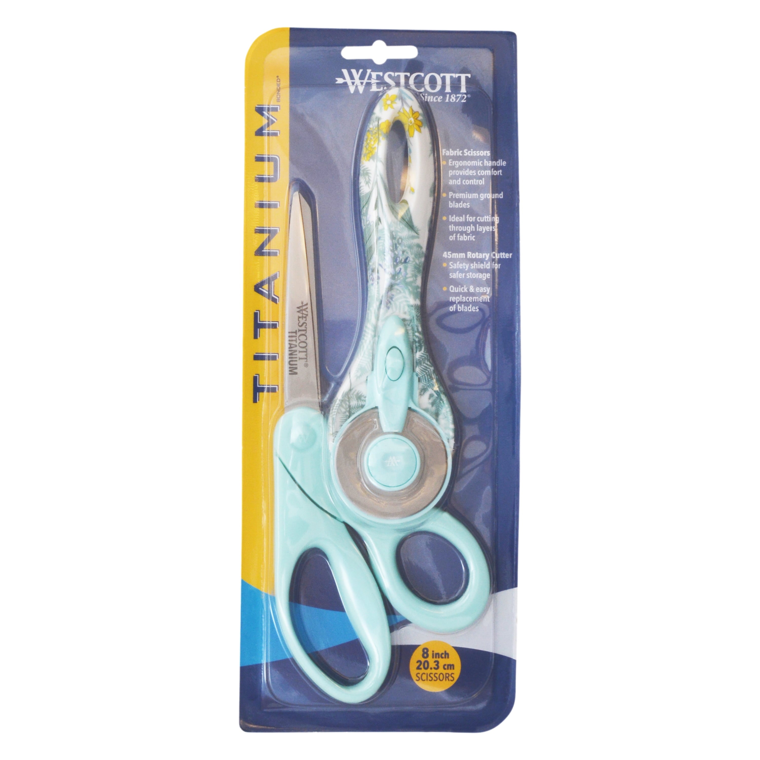 Westcott 8" Sewing Scissor and Rotary Cutter Set, Titanium, Blue, Floral, 2-Pack