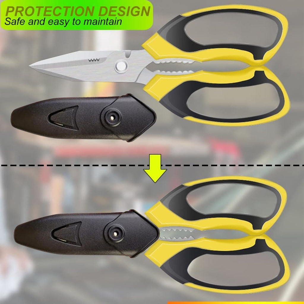 Scissors Heavy Duty 8'', Carpet Scissors, Multipurpose Scissors with Protective Cover, Stainless Steel Serrated Blades, Easy Cutting Cardboard, Leather, Fabric, Wires, Nutcracker