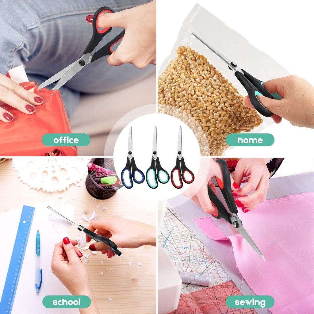 3-Pack 8" Heavy Duty Scissors with Ultra Sharp Blades and Comfort Grip Handles - For Office, Sewing, Handcraft Workshop, Home and Crafts, Etc.