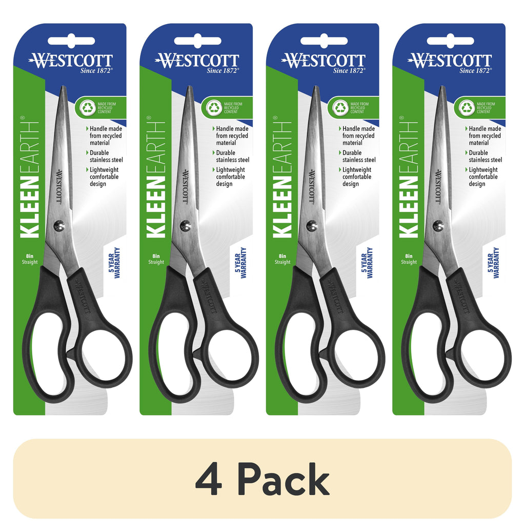 (4 pack) Westcott Kleen Earth Recycled 8" Stainless Steel Scissors, Straight, Black Office, High School Level