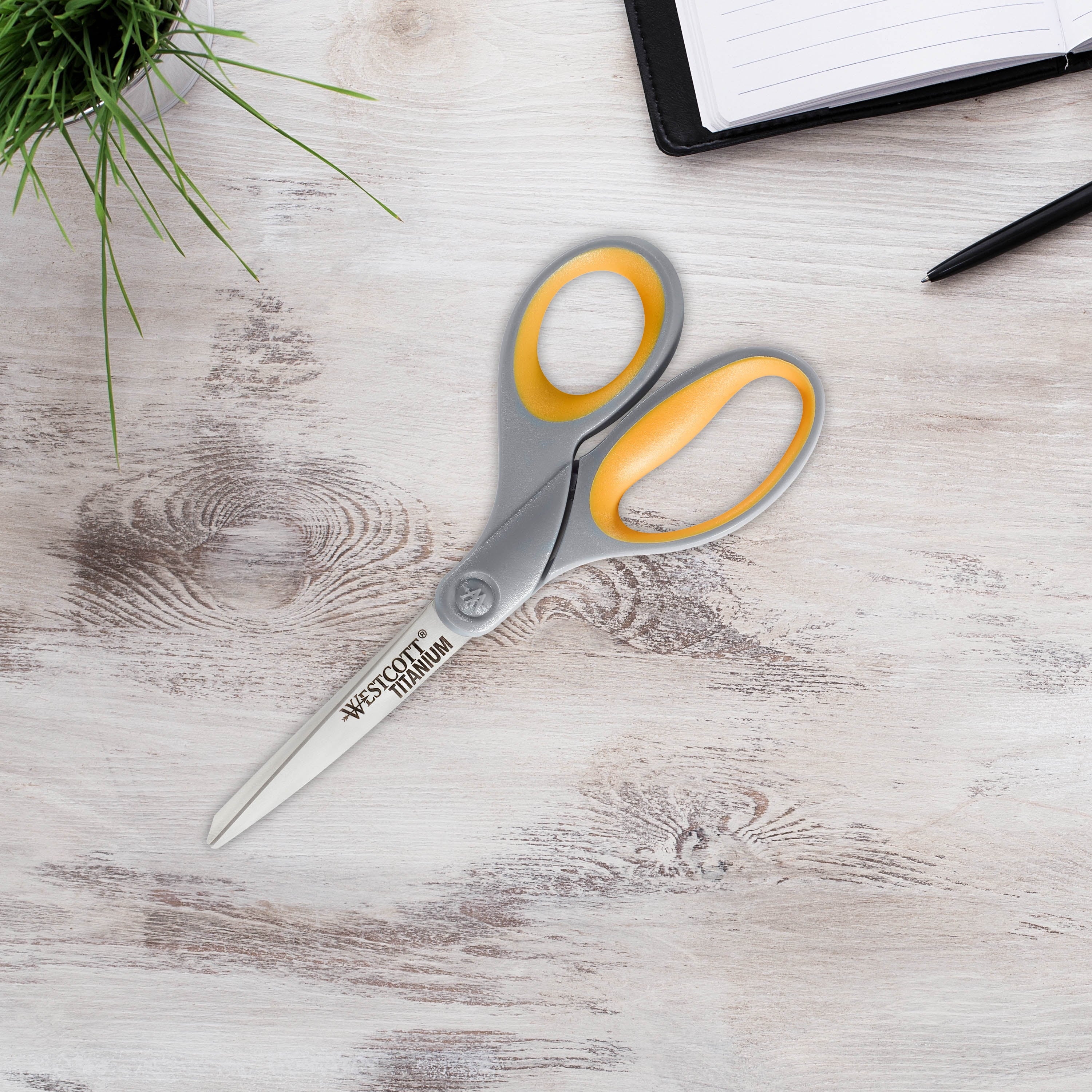 Westcott Titanium Straight Scissors, 7", High School Educational Level, Gray/Yellow, for Office, 6 Pack