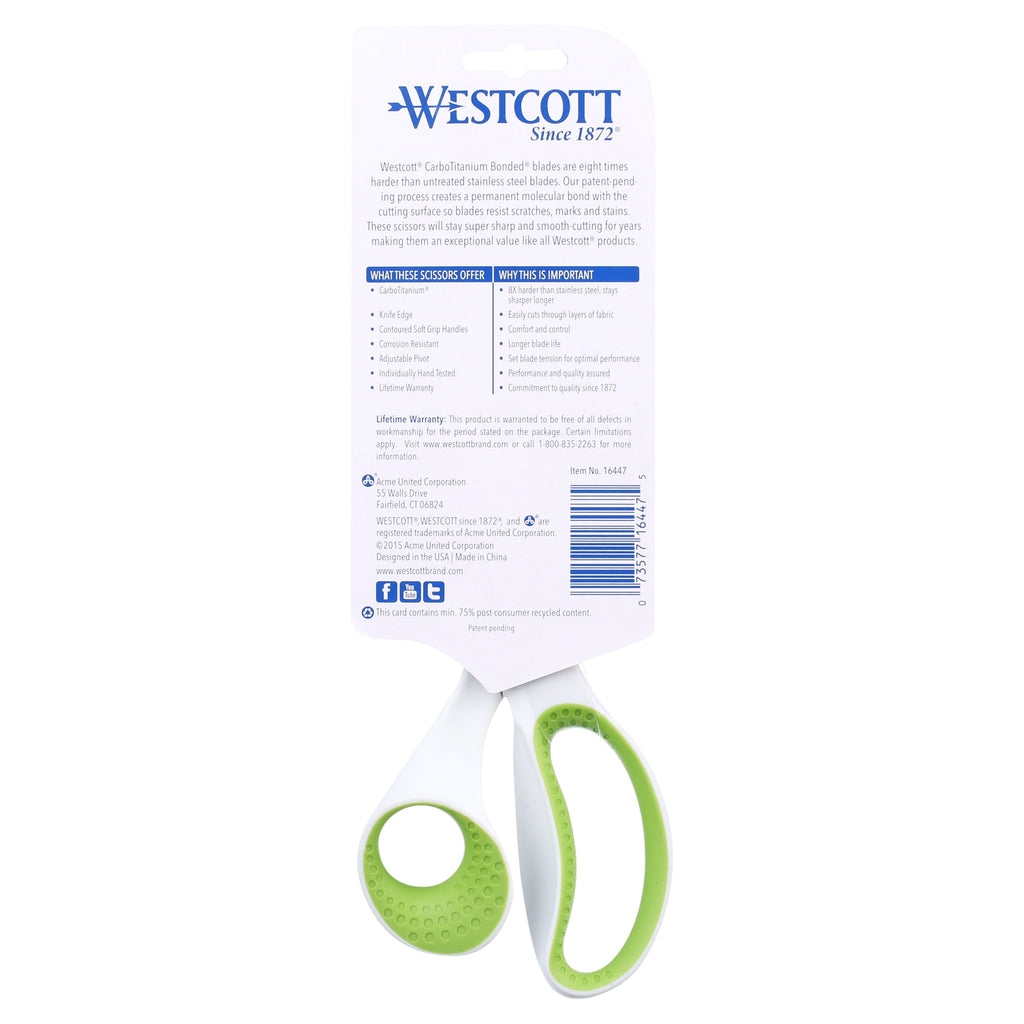 Westcott Carbo Titanium Straight Scissors, 8", Straight, for Office, High School Educational Level, White 1-Count