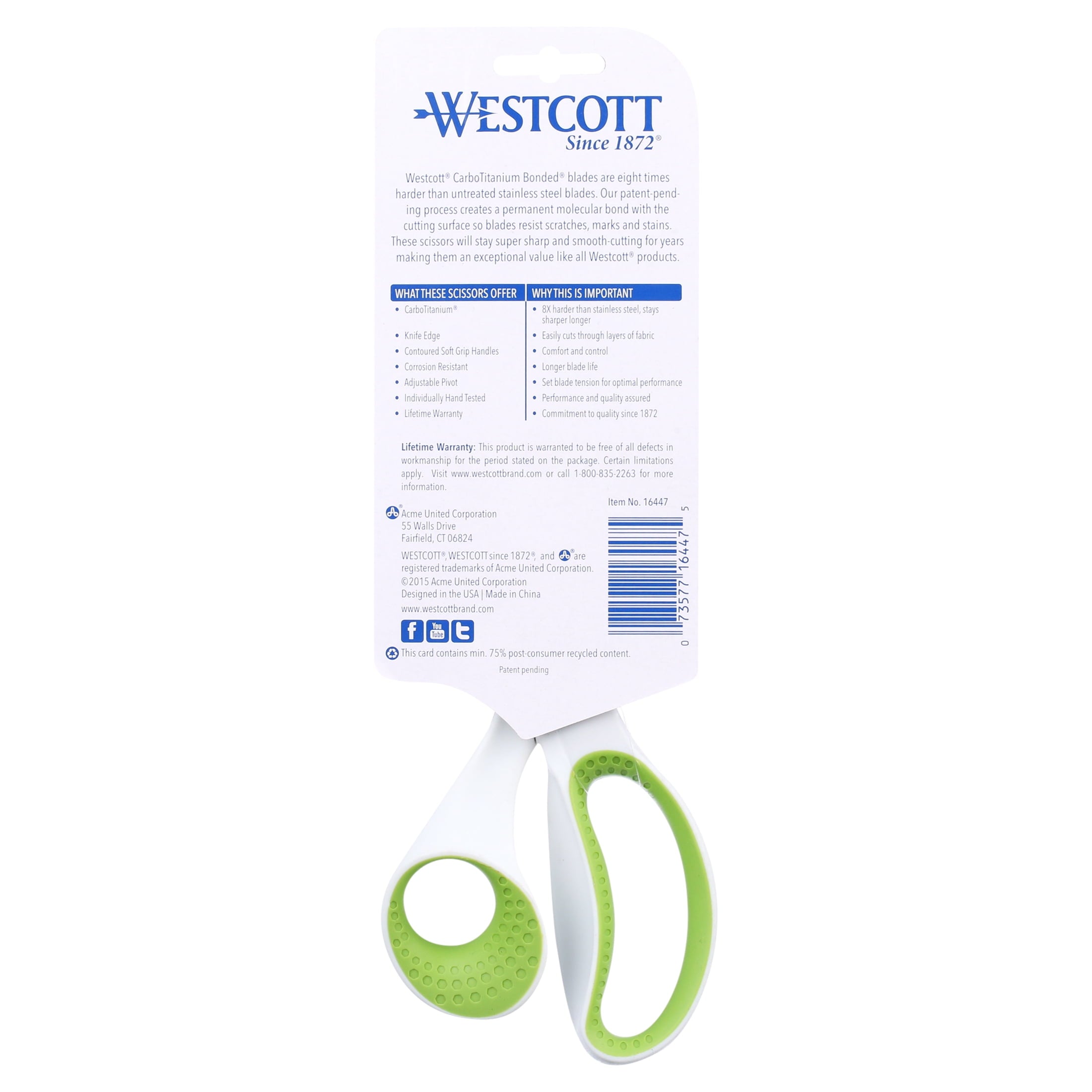 Westcott Carbo Titanium Straight Scissors, 8", Straight, for Office, High School Educational Level, White 1-Count
