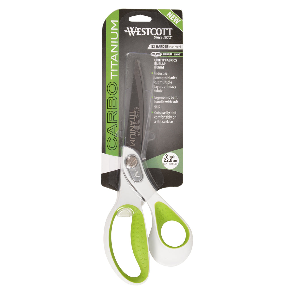 Westcott Carbo Titanium Scissors, 9", Bent, for Craft, White/Green, 1-Count