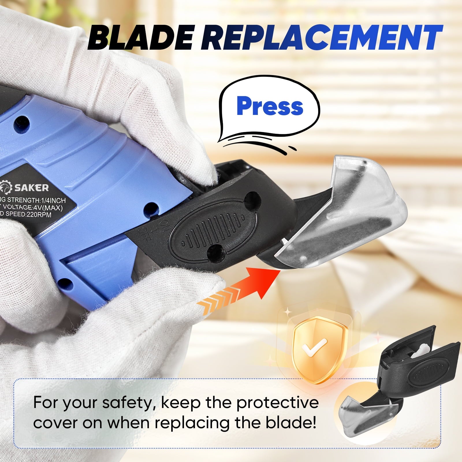 Saker Cordless Electric Scissors, Lightweight, Type-C Charging, Safety Lock, Blue with Storage Bag, 2 Blades for Fabric, Carpet, Leather, Cardboard