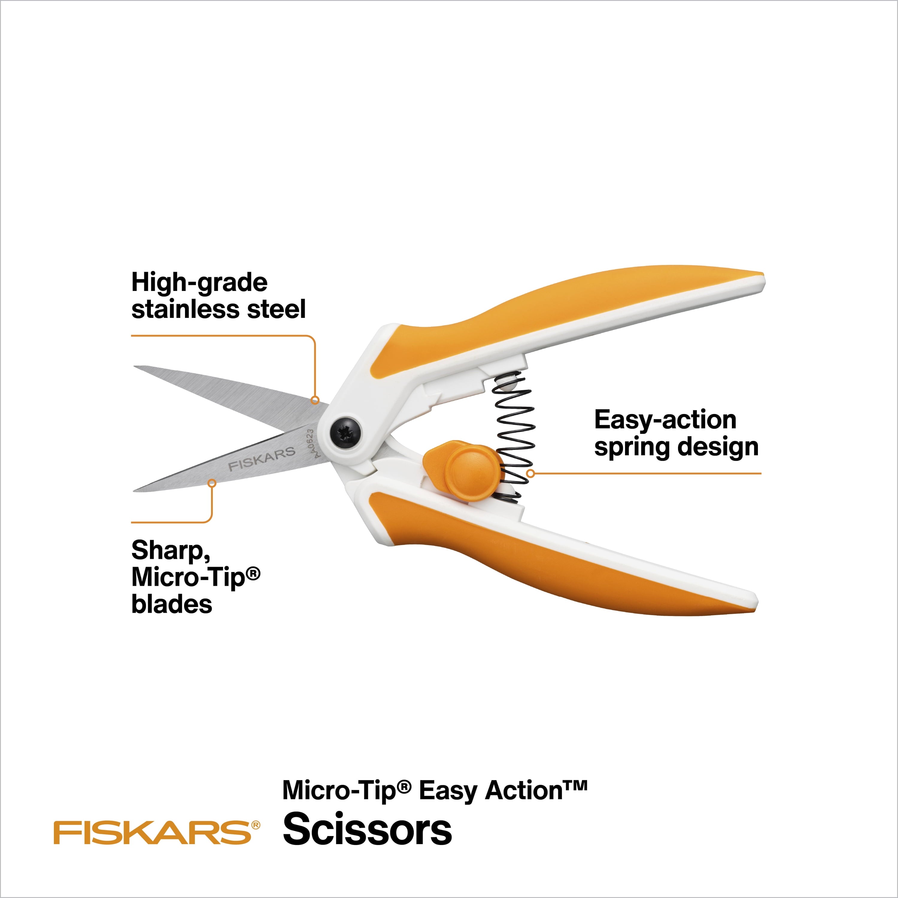 Fiskars 5" Stainless Steel Micro-Tip Easy Action Scissors, White