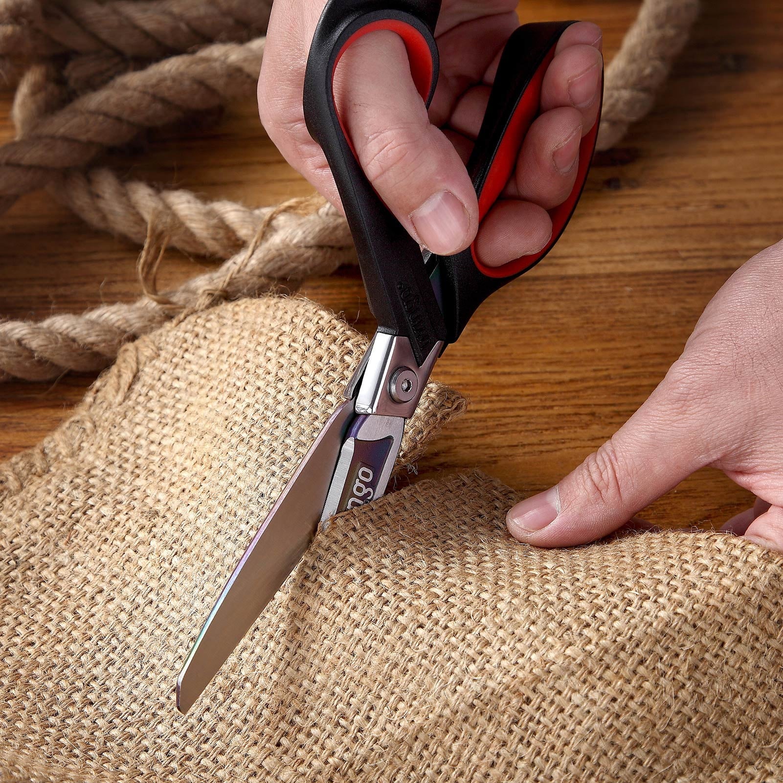 LIVINGO 9” Scissors All Purpose Heavy Duty Sharp Industrial Multipurpose Shears for Cutting Fabric Leather Felt, Titanium Coated Hot Forged Steel, Red Black