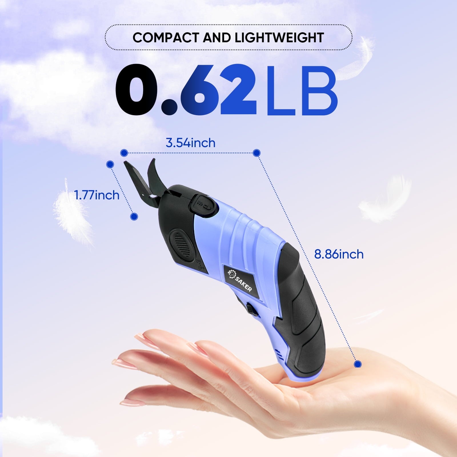 Saker Cordless Electric Scissors, Lightweight, Type-C Charging, Safety Lock, Blue with Storage Bag, 2 Blades for Fabric, Carpet, Leather, Cardboard