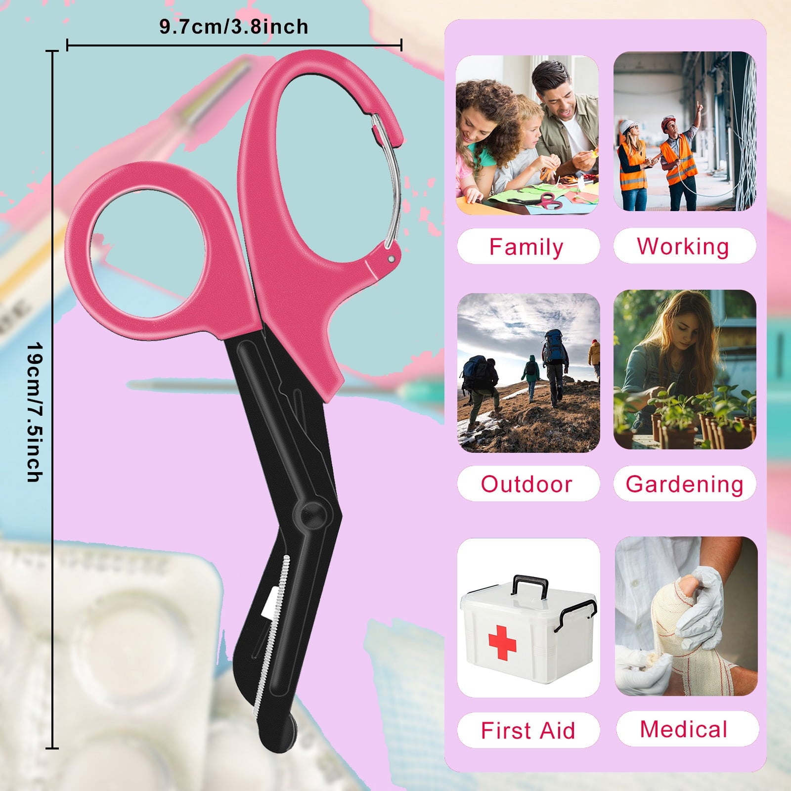 2 PACK Bandage Scissors, Fluoride-Coated Trauma Shears for Nurses,7.5" Non-Stick Stainless Steel Blades Nurses Scissors with Carabiner for Nurses, Doctors, and Nursing Students (Pink)
