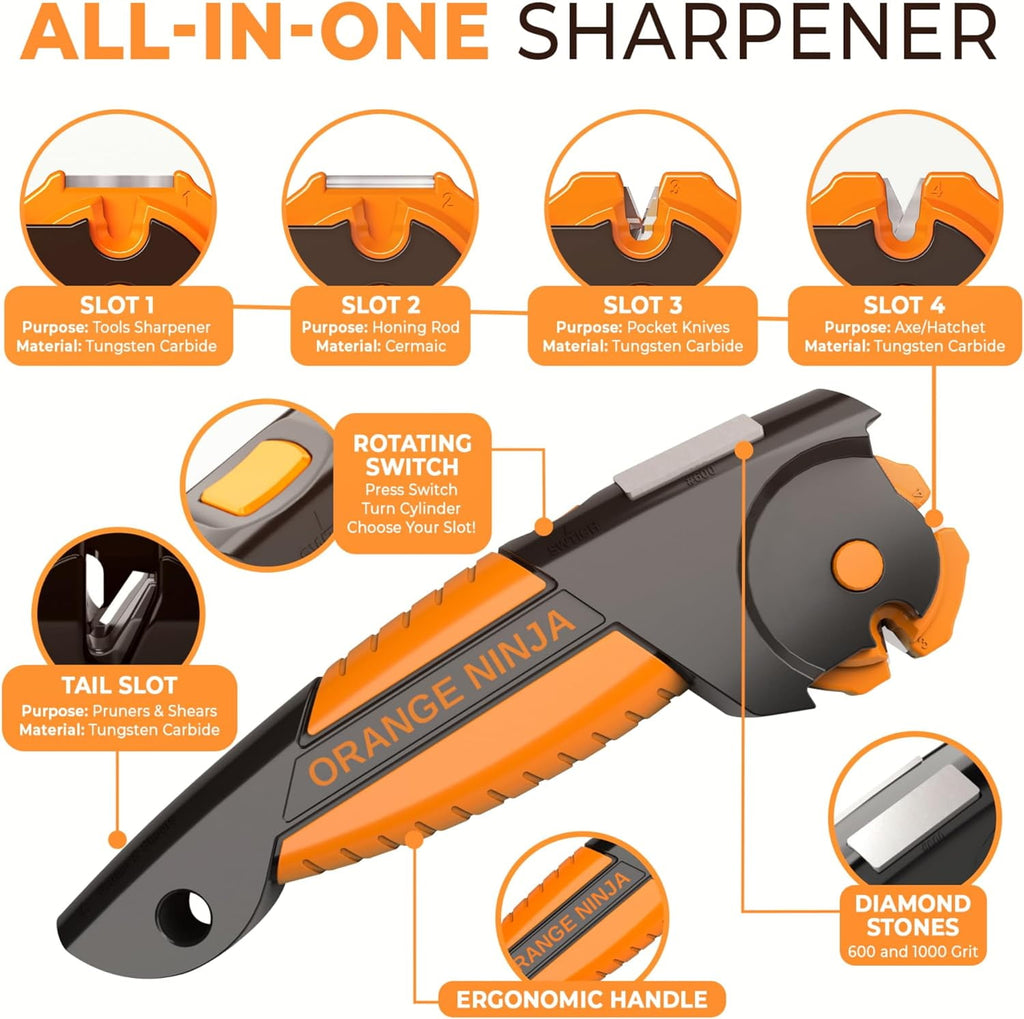 Orange Ninja Garden Tool & Knife Sharpener for Lawn Mower Blade, Scissors, Axe, Hatchet by Sharp Pebble