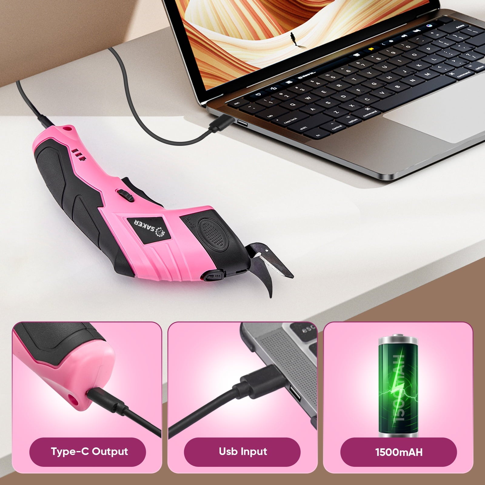 Saker Cordless Electric Scissors, Lightweight, Type-C Charging, Safety Lock, Pink with Storage Bag, 2 Blades for Fabric, Carpet, Leather, Cardboard