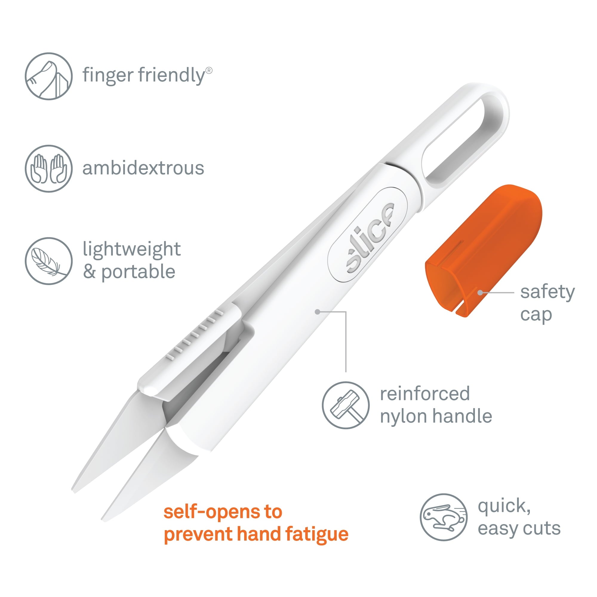 Slice 10595 Self-Opening Scissors | Easy-to-Use with Arthritis or Other Dexterity Issues, Ideal for Sewing, Tailoring & Fibre Artists | Finger Friendly Ceramic Safety Knife Blade