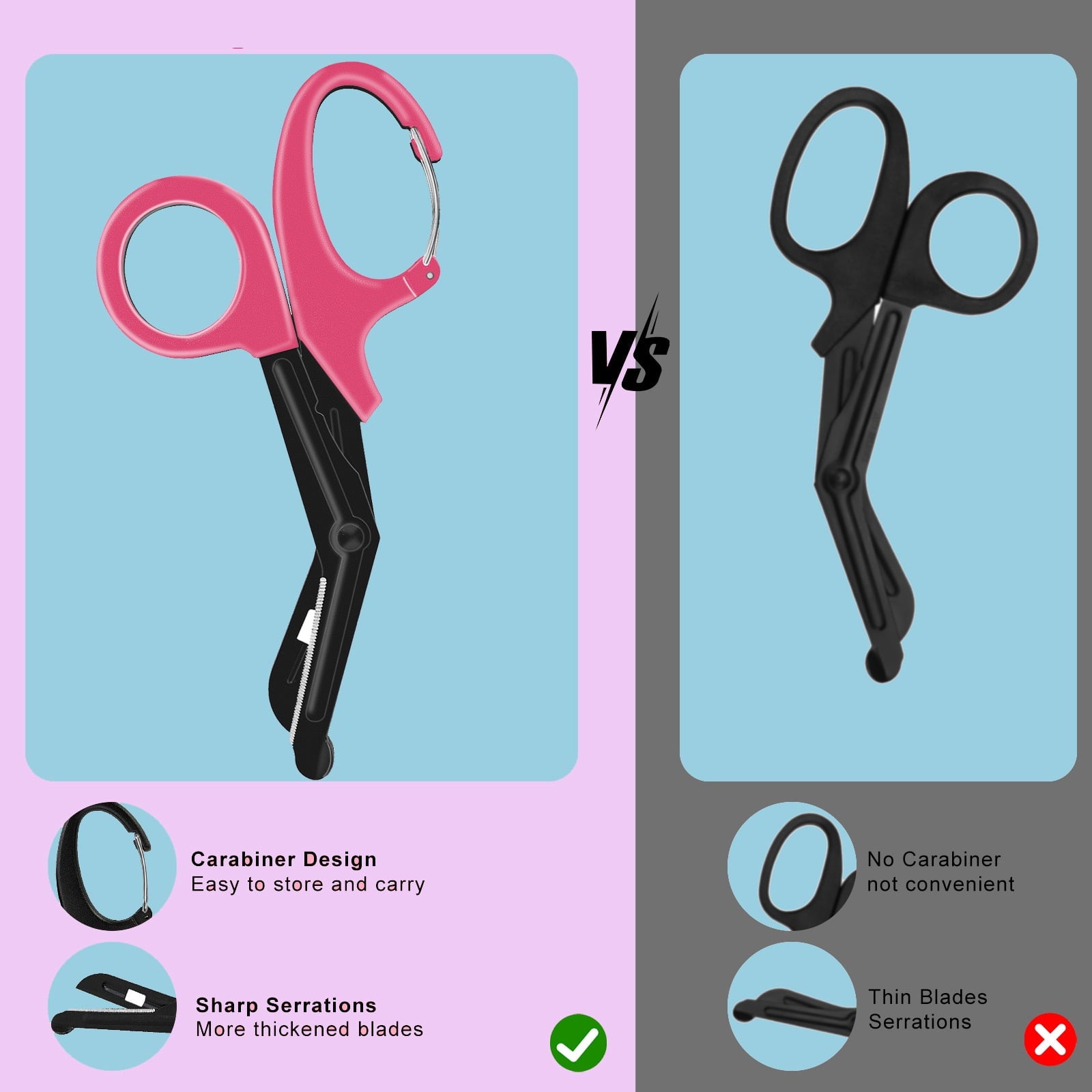 2 PACK Bandage Scissors, Fluoride-Coated Trauma Shears for Nurses,7.5" Non-Stick Stainless Steel Blades Nurses Scissors with Carabiner for Nurses, Doctors, and Nursing Students (Pink)