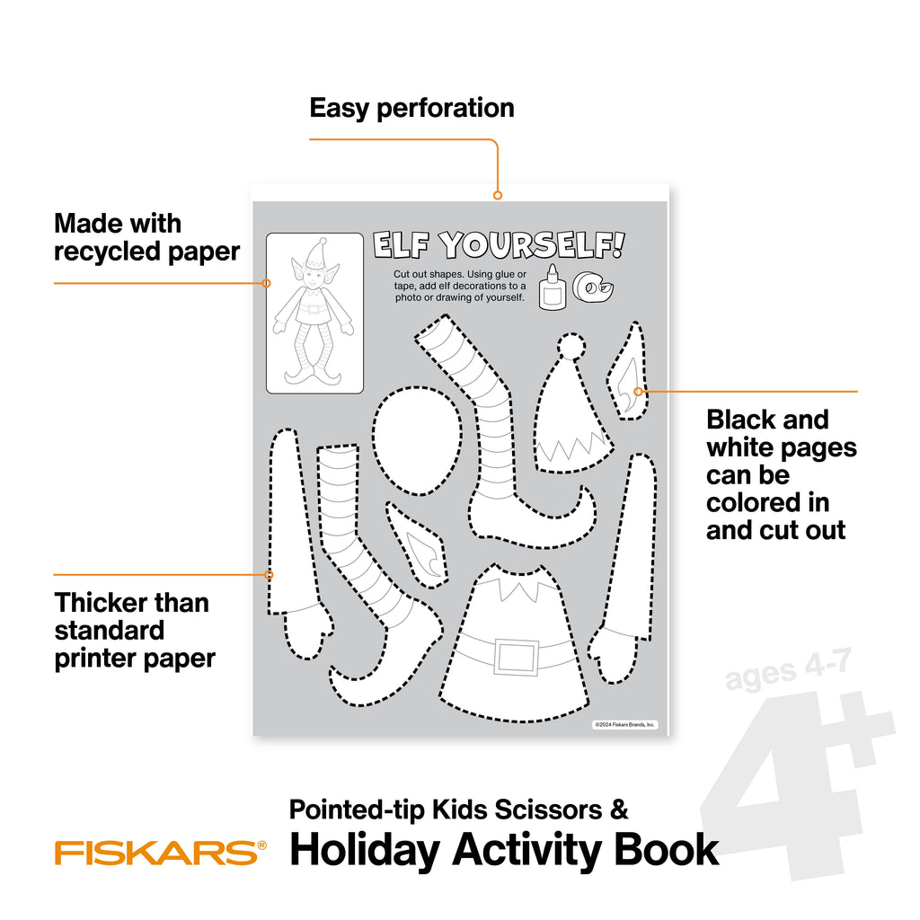 Fiskars Christmas Crafts Paperback Activity Book with 5" Pointed-tip Scissors, Stocking Stuffers for Kids