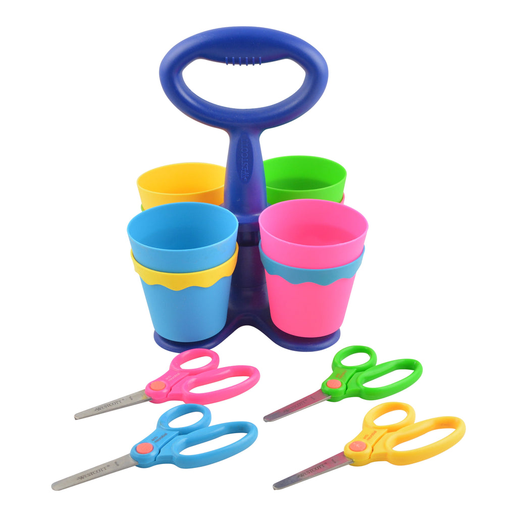 Westcott 5" Kids Scissors with Caddy, Blunt, Elementary, Multicolor, 24-Pack