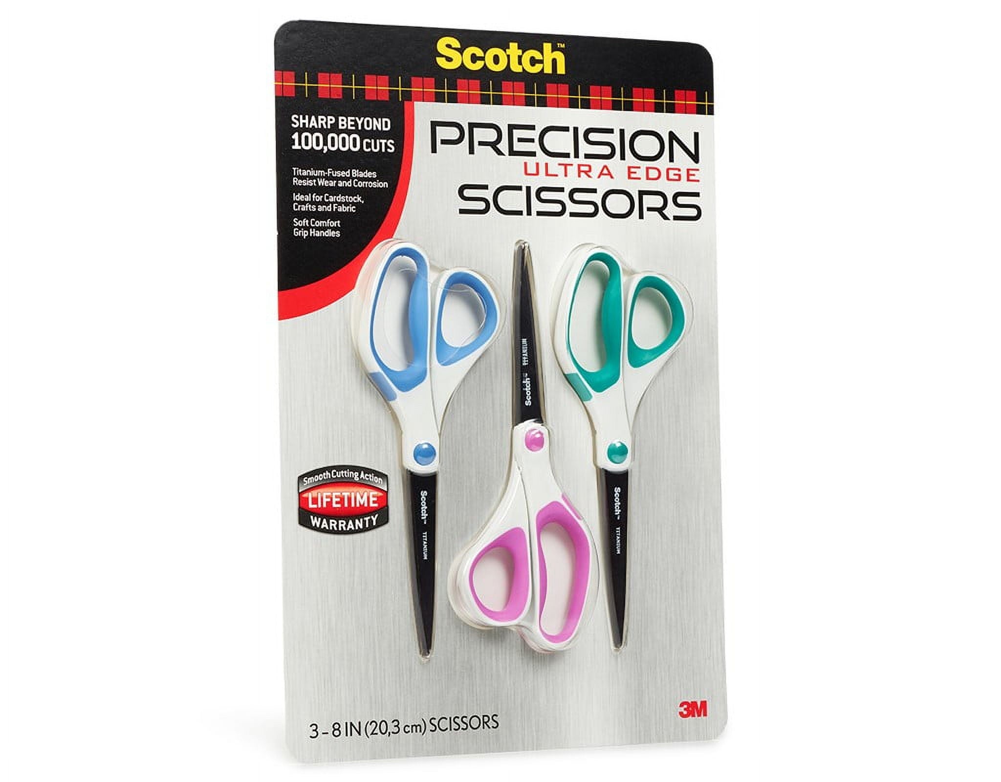Scotch Precision Ultra Edge Scissors, 8 in., Assorted Colors, 3 Count