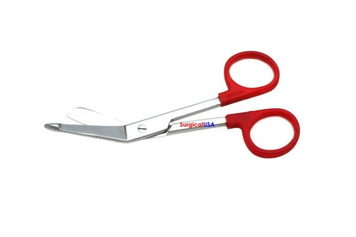 Bandage Scissors 5.5" Red Color Plastic Ring Handles Angled Blades Pack Of 6