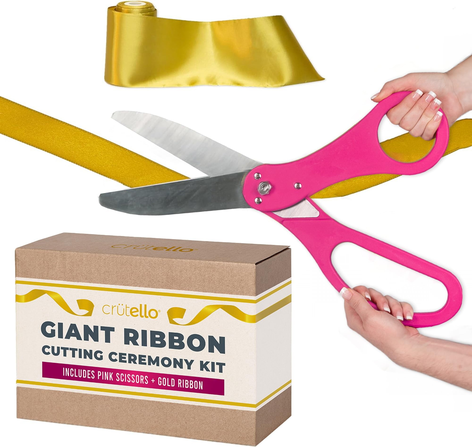 Crutello Giant Ribbon Cutting Ceremony Kit - 20" Large Scissors Set with Pink Handle, Durable Big Scissor and 30 Feet of Oversized 4" Wide Gold Grand Opening Ribbon