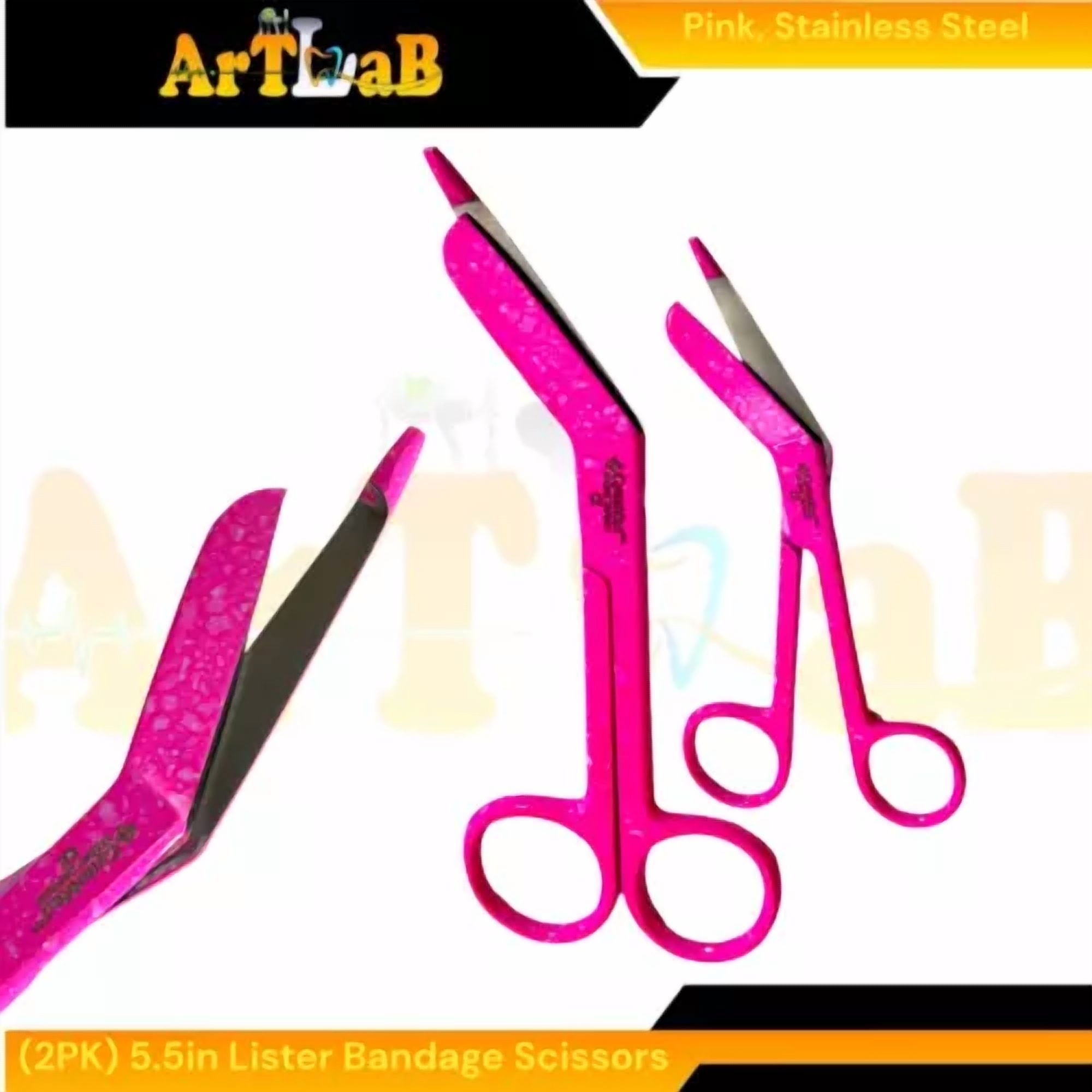 Fyna -Set Of 2 Lister Bandage Scissors 5.5In Pink Pattern, Angled Blades, German Steel
