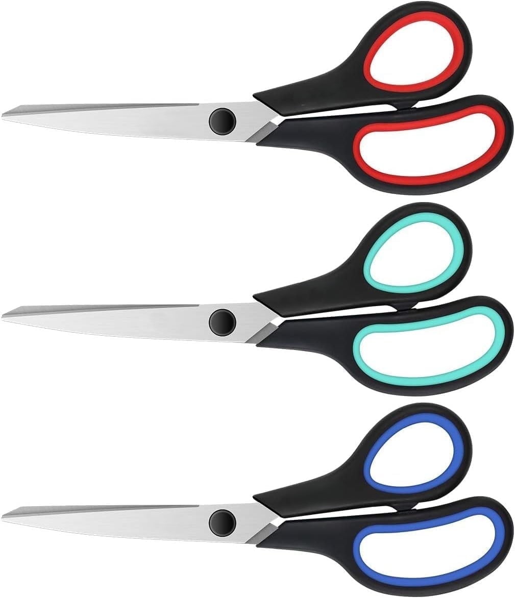 3-Pack 8" Heavy Duty Scissors with Ultra Sharp Blades and Comfort Grip Handles - For Office, Sewing, Handcraft Workshop, Home and Crafts, Etc.