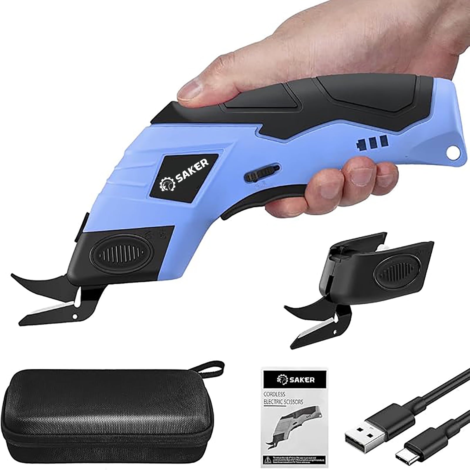 Saker Cordless Electric Scissors, Lightweight, Type-C Charging, Safety Lock, Blue with Storage Bag, 2 Blades for Fabric, Carpet, Leather, Cardboard