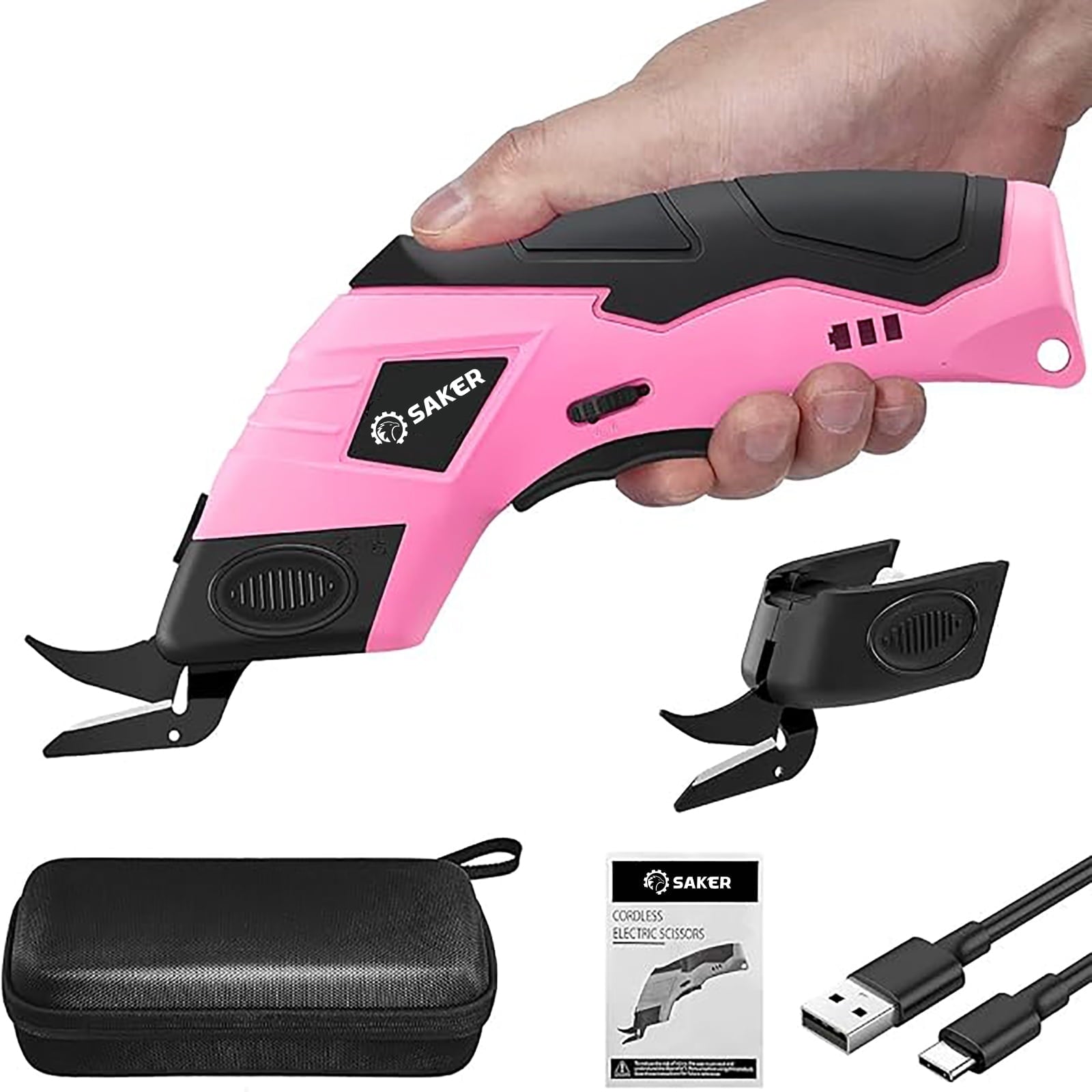 Saker Cordless Electric Scissors, Lightweight, Type-C Charging, Safety Lock, Pink with Storage Bag, 2 Blades for Fabric, Carpet, Leather, Cardboard