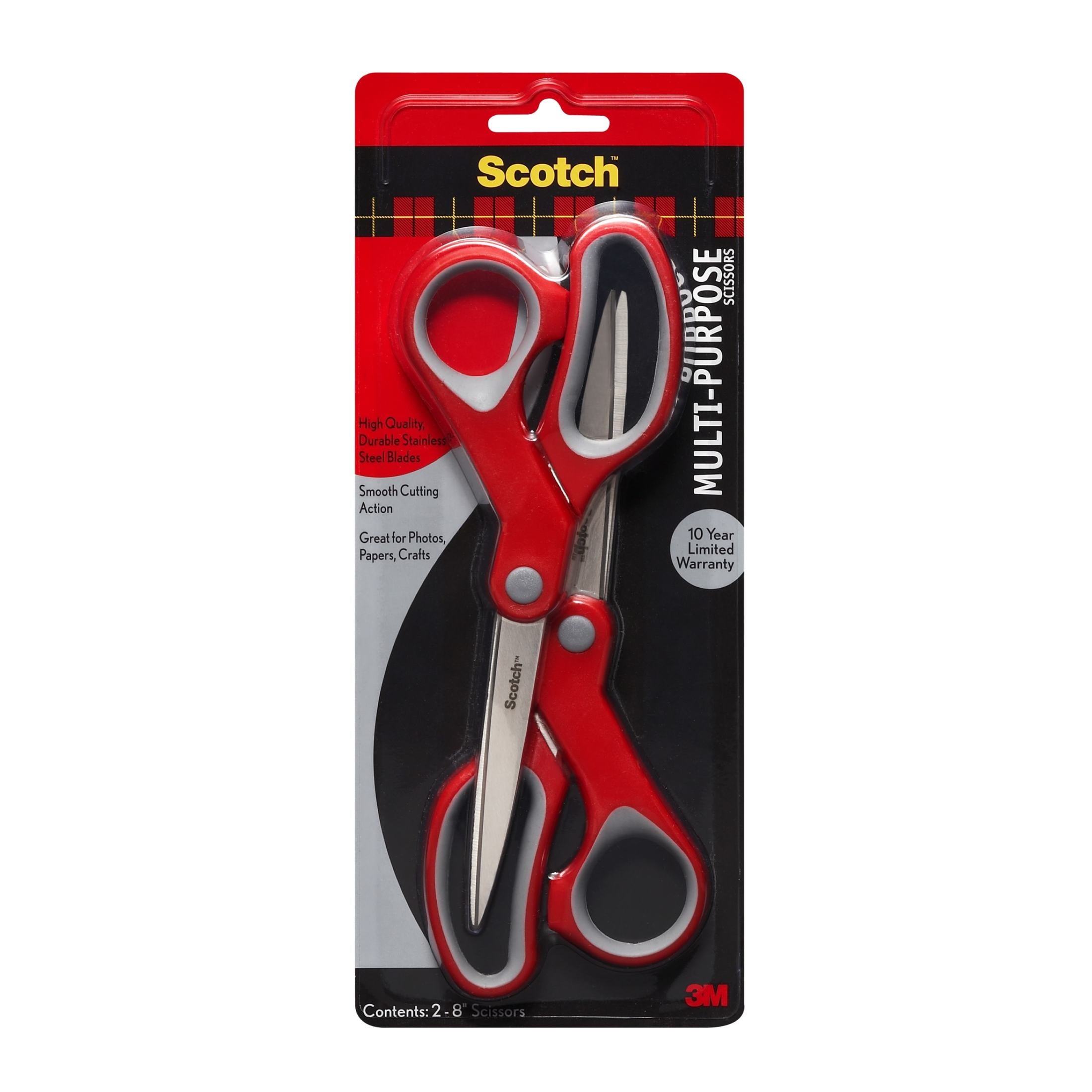 Scotch 8" Multipurpose Stainless Steel Scissors, 2 Pack, Red/Gray
