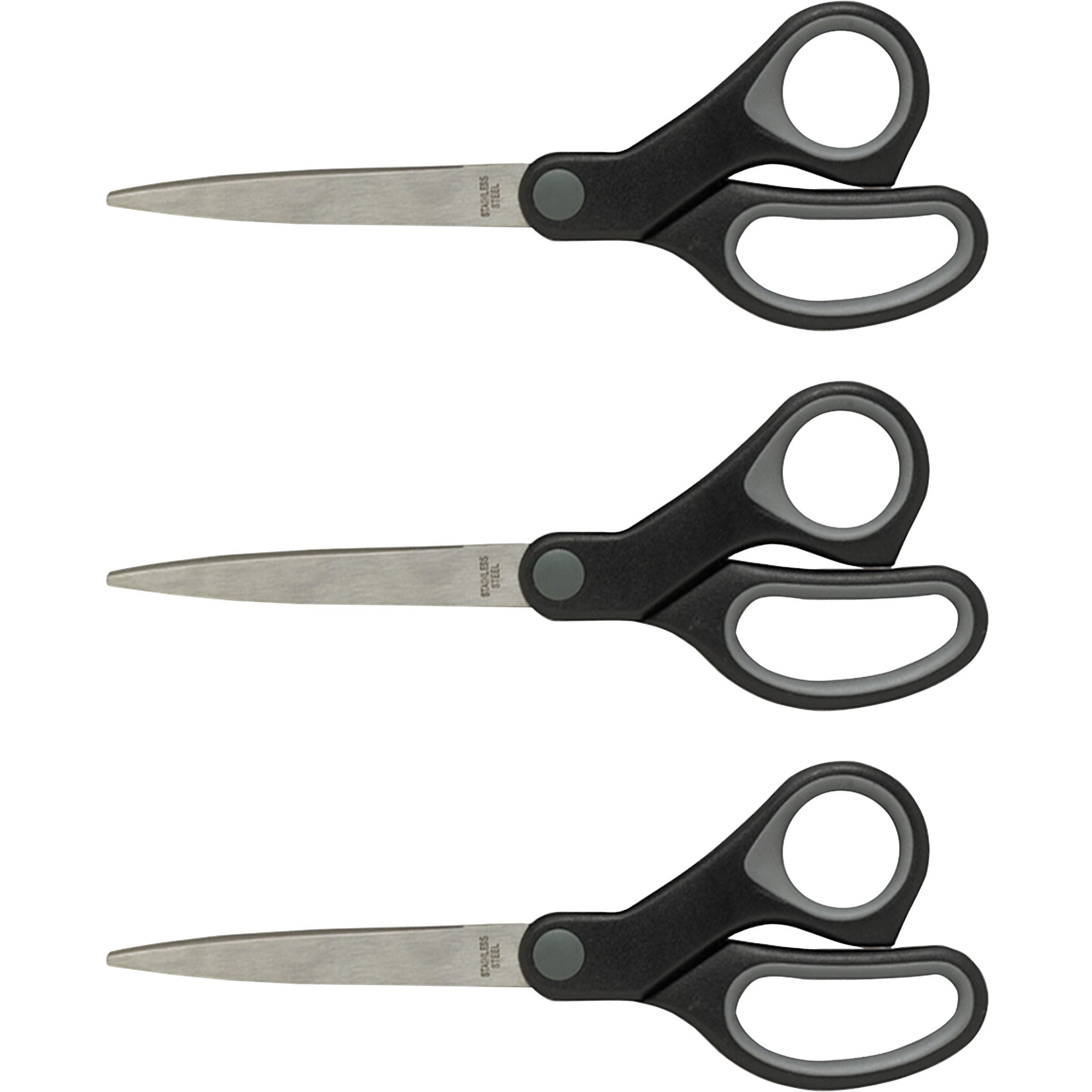 Sparco Rubber Grip Straight Scissors - 8" Overall Length - Stainless Steel - Black/gray - 3 / Bundle