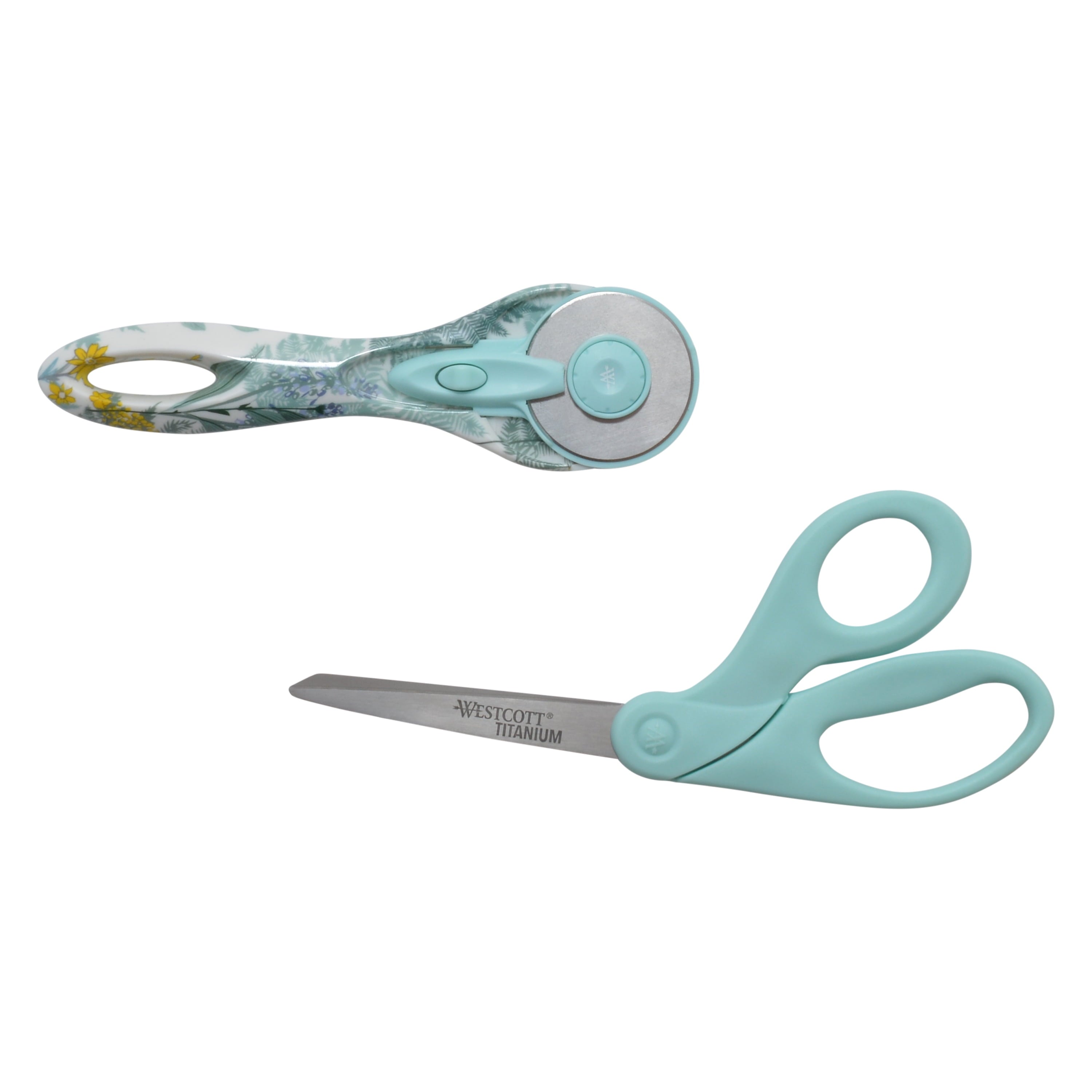 Westcott 8" Sewing Scissor and Rotary Cutter Set, Titanium, Blue, Floral, 2-Pack