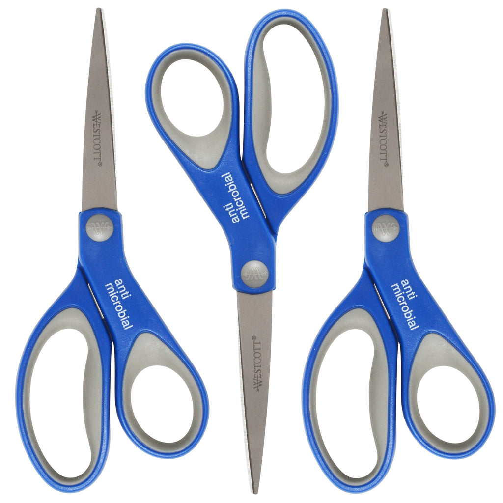 Westcott Anti-Microbial Soft Handle Scissors, 8", for Office, High School, Blue, 3-Pack