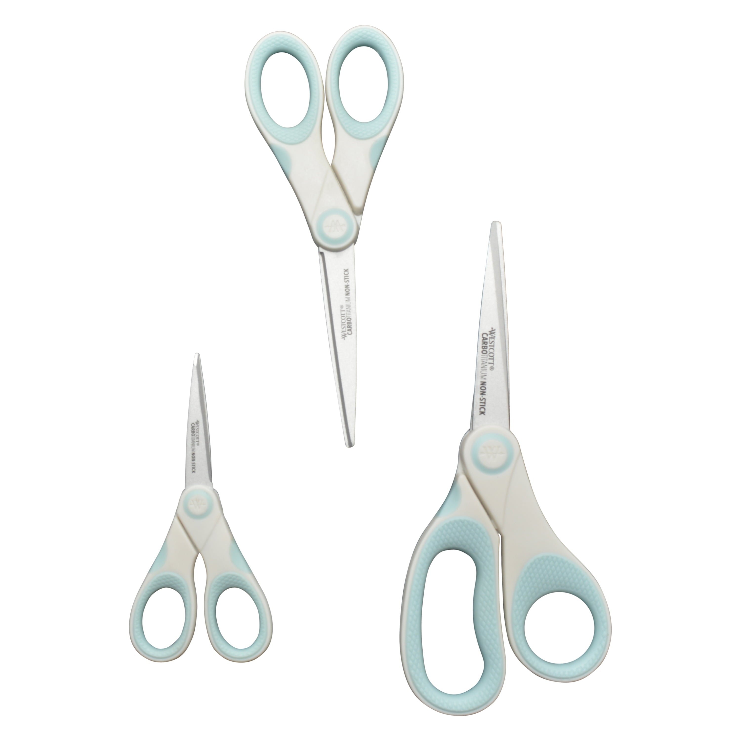 Westcott Crafting Scissors, Carbo Titanium Non-Stick, 8", 7", 5", High School, White/Blue, 3-Pack