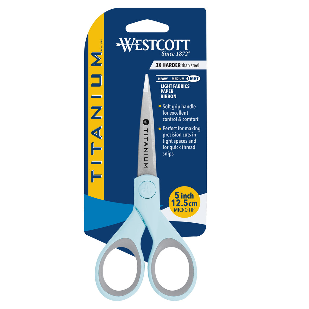Westcott Crafting Scissors, Titanium Bonded, 5" Micro-Tip, Light Blue, 1 Count