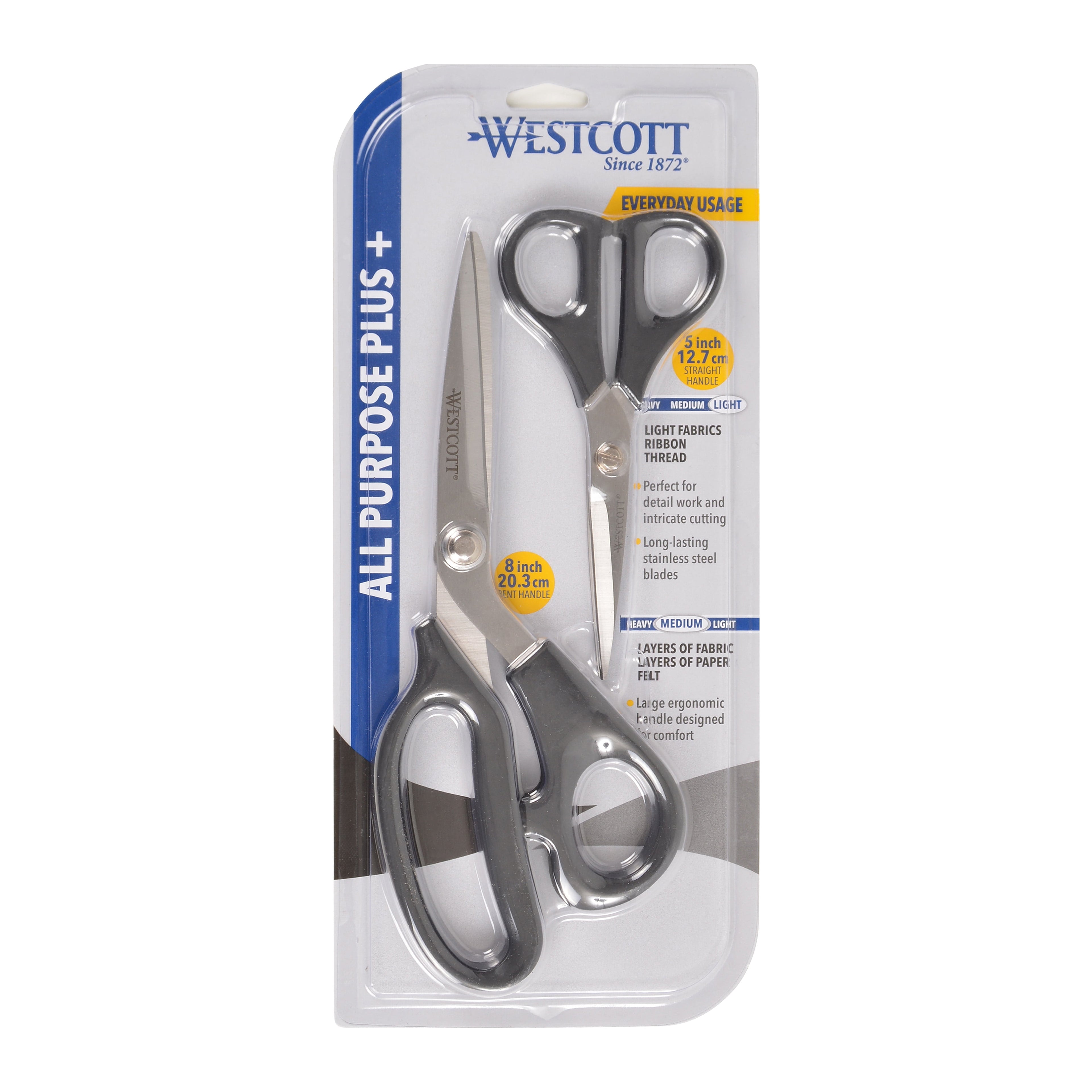 Westcott Multipurpose Scissors, All Purpose Plus, 8", Bent, 5", Straight, Black, for Office, 2-Piece