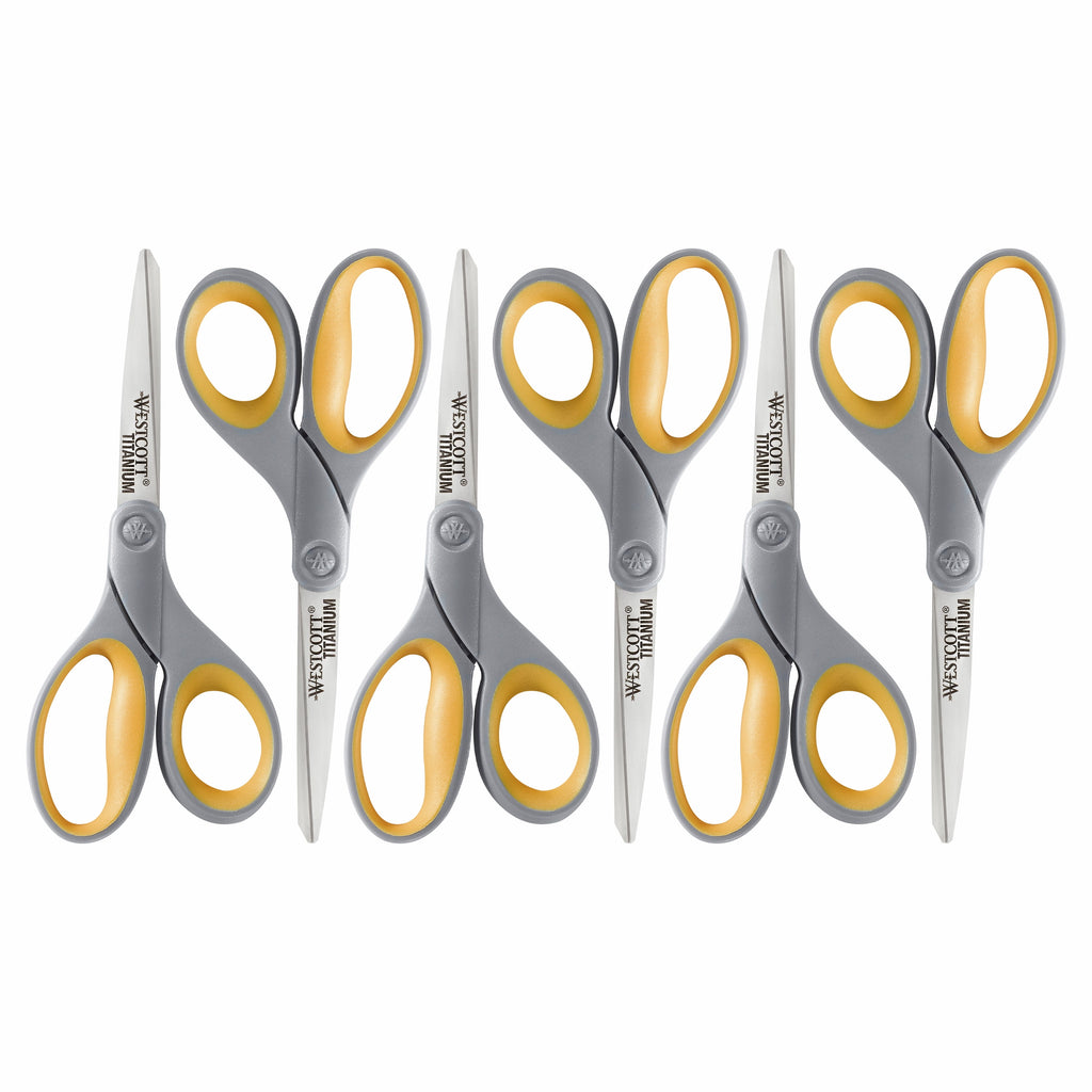Westcott Titanium Straight Scissors, 7", High School Educational Level, Gray/Yellow, for Office, 6 Pack