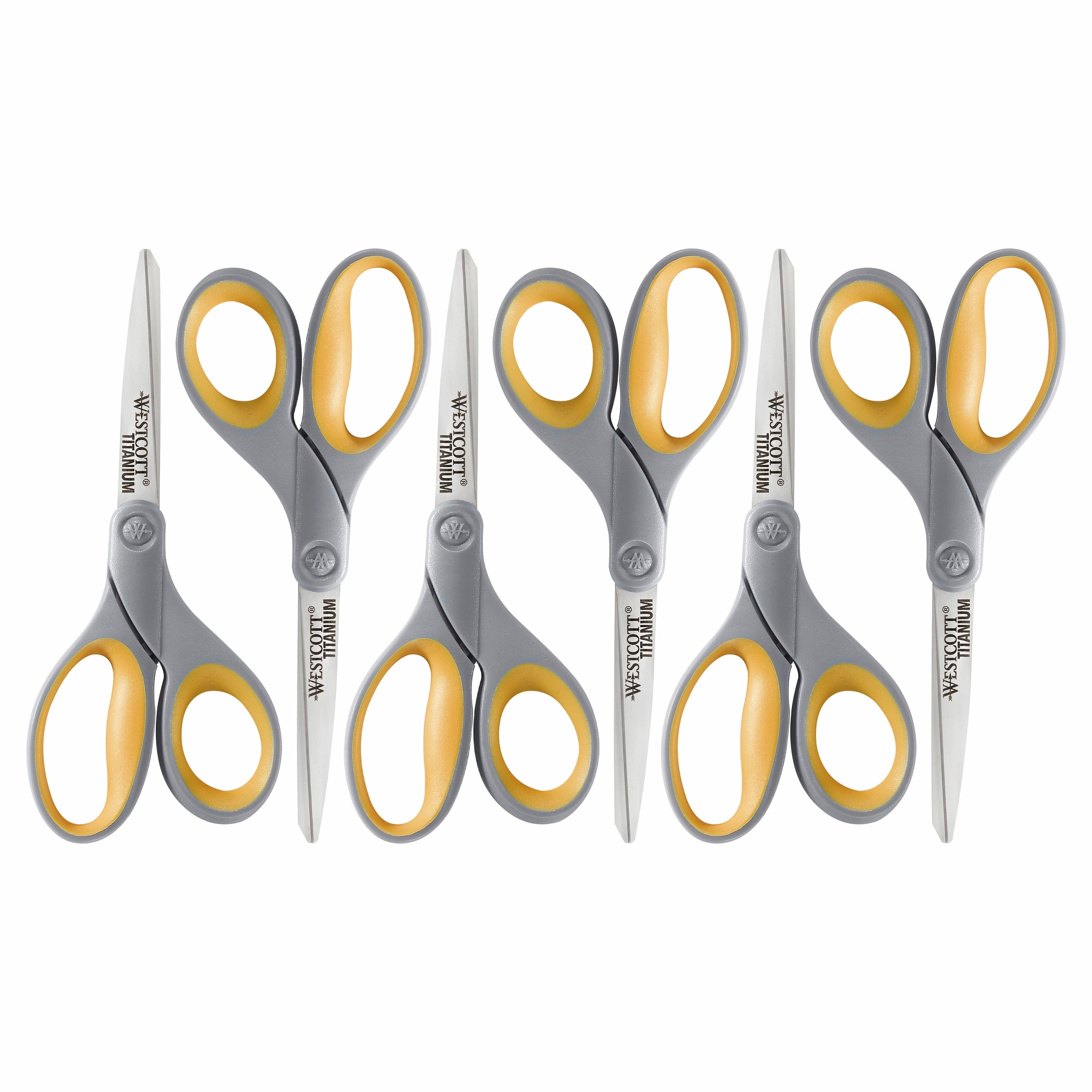 Westcott Titanium Straight Scissors, 7", High School Educational Level, Gray/Yellow, for Office, 6 Pack